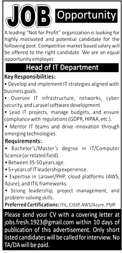 Head of IT Jobs in Karachi March 2025 Advertisement